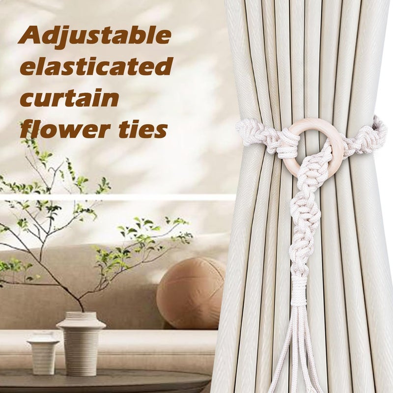 SRG Handmade Boho Curtain Tiebacks Hand Knitting Cotton Curtain Holdbacks with Adjustable Natural Wooden Rings Accessories Wall Decoration for Home Office - Image 4